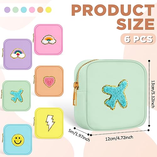 6 Pcs Mini Preppy Makeup Bags - Chenille Letter Nylon Cosmetic Pouch (Fresh Color)