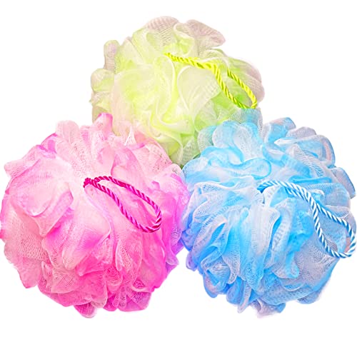 3 Pack Bath Loofah Sponges for Body Wash - Durable Exfoliating Shower Balls, 75g each, Multiple Colors