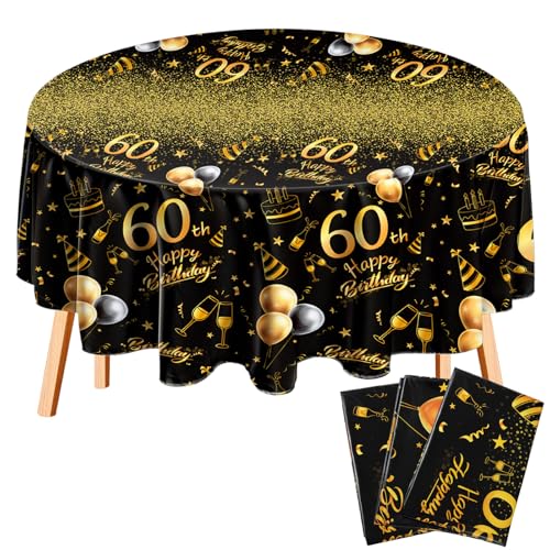 Oudain 3-Pack 60th Birthday Tablecloths - Black & Gold, 84-Inch