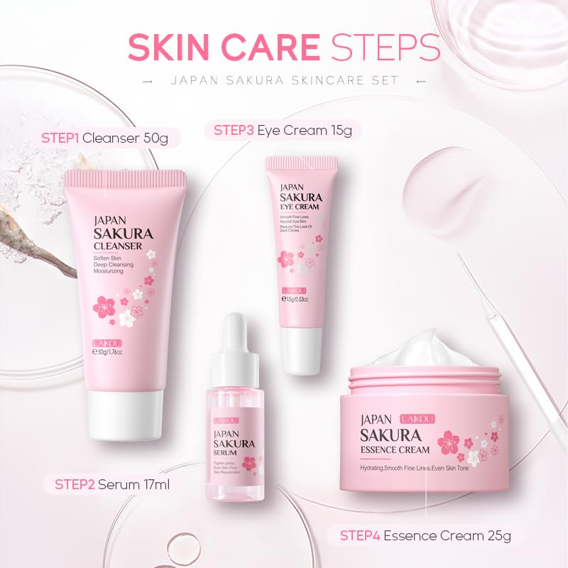 LAIKOU Sakura Skin Care Set - 4-Piece Facial Travel Kit for Hydration