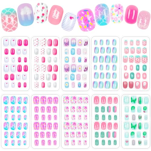 240 Pieces Dream Fake Nails for Kids - Pre-Glued Cartoon Design