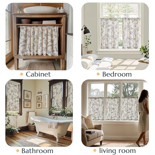 Floral Linen Blend Cafe Curtains 36 Inch - 2 Panels Blue