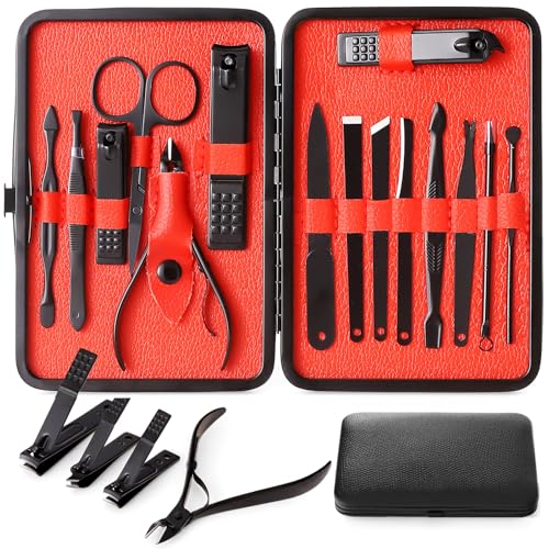 QLNE Red Nail Clipper Set with Manicure Pedicure Tools & Case