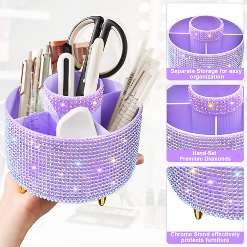 Diesisa 360° Rotating Bling Makeup Organizer - 5-Slot Diamond Purple Holder