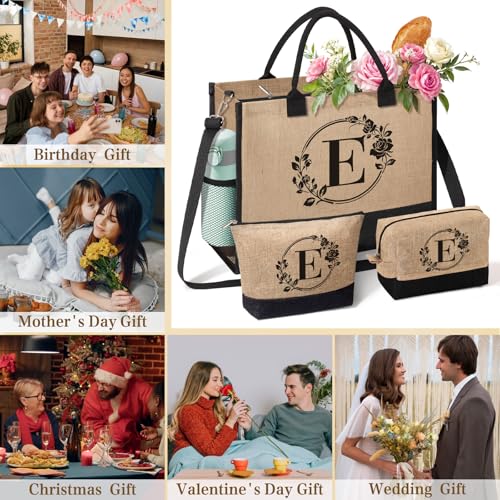Monogrammed Initial Jute Tote Bag E - Personalized Beach Bag for Women