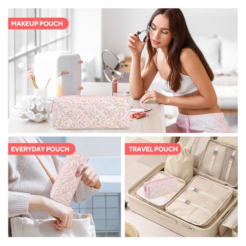 Floral Quilted Makeup Bag for Travel and Daily Use - Organizer Cosmetic Pouch