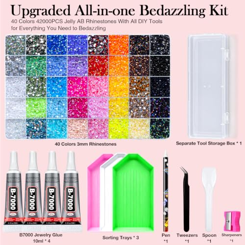 Kiwixmoon 42000+ Rhinestones Bedazzling Kit 40 Colors 3mm for Diamond Art & Crafts