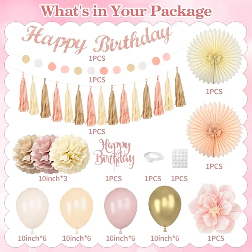 Boho Pink Birthday Decorations Set with Gold Balloons & Banner