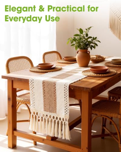 Boho Table Runner 12x60 Inch with Tassels - Brown Linen Decor