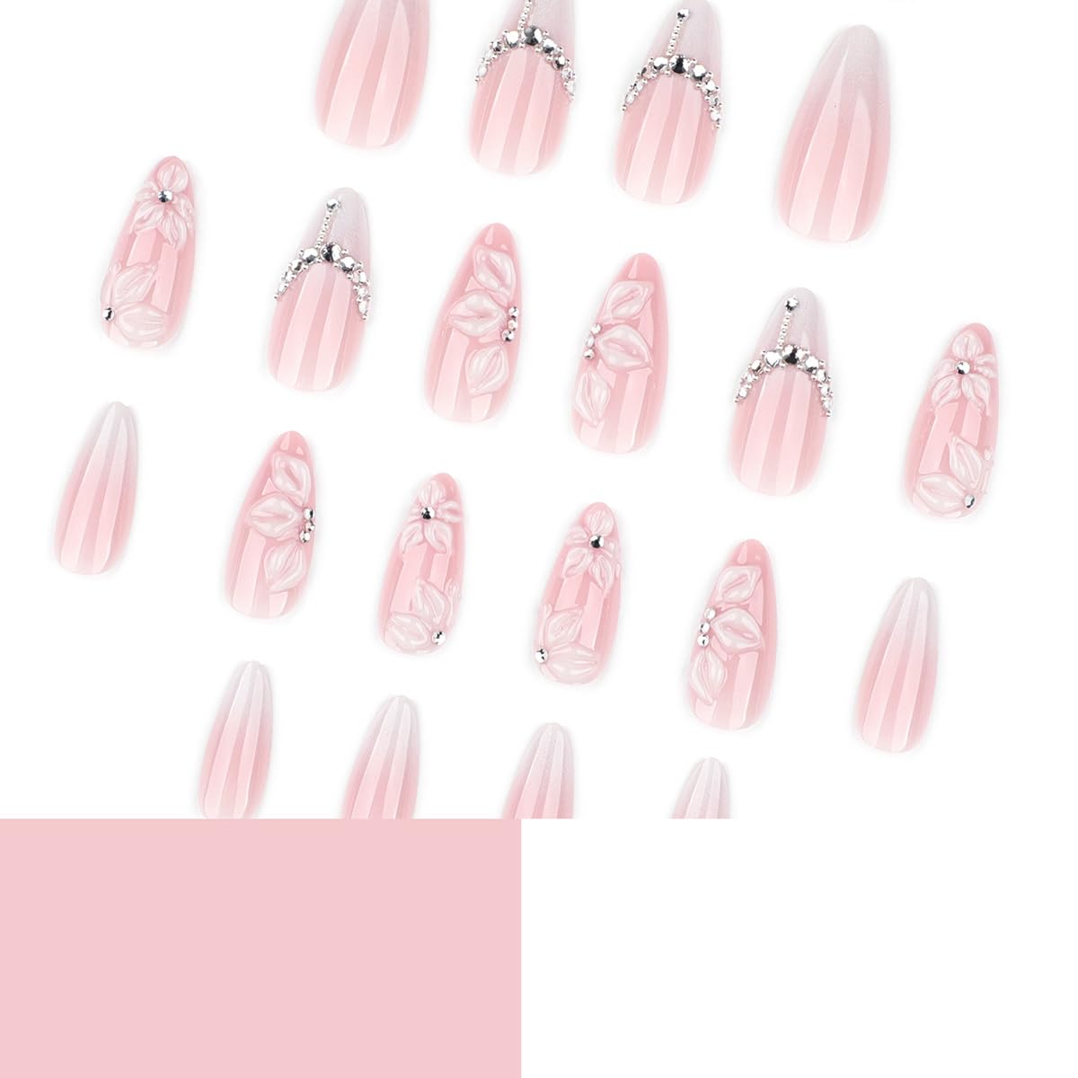 French Tip Press-On Nails - 24Pcs Medium Almond Design with Silver Rhinestones & 3D Flowers | Nude Pink Full Cover