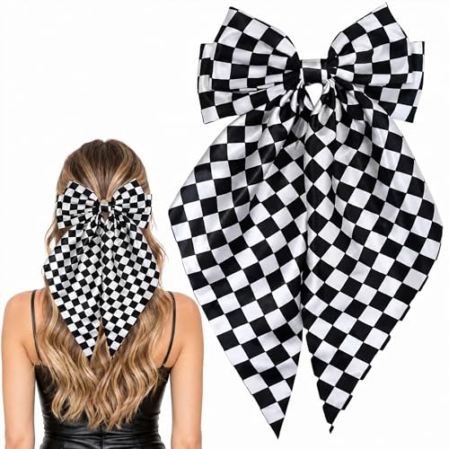 Oversized Black and White Checkered Hair Clip with Bow