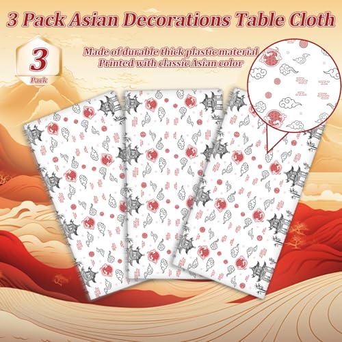 Hibachi Party Table Covers - 3 Pack Disposable Plastic Tablecloths 54x108 Inch for Asian Themed Celebrations