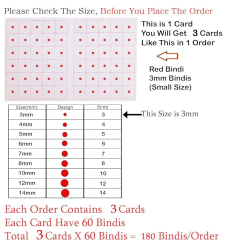 VAMA 3mm Red Bindi Sticker Set - Small Round Self-Adhesive Traditional Forehead Dots for Women