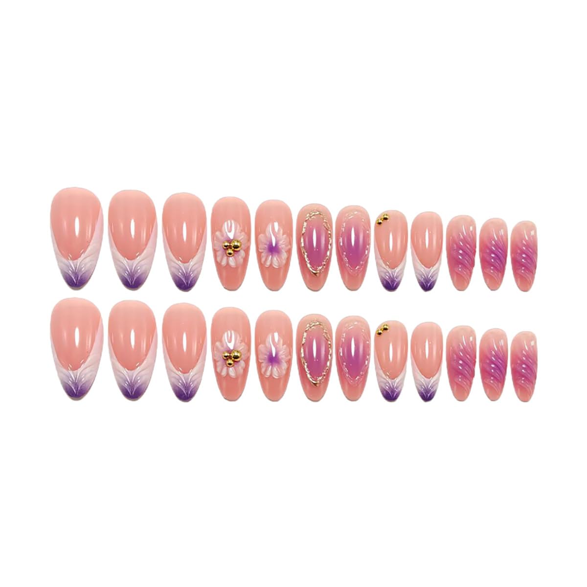 Medium Almond Press-On Nails - 24 Pcs Gradient French Tip with 3D Purple Flowers & Gold Beads | Full Cover Acrylic Manicure for Women