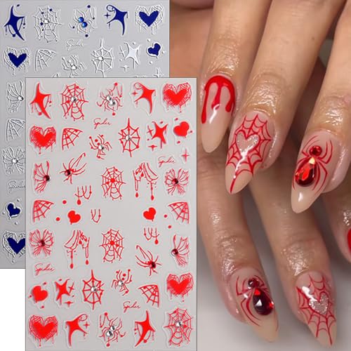 BYJKYEN Halloween Spider Web & Rhinestone Nail Stickers Pumpkin-11 6 Sheets