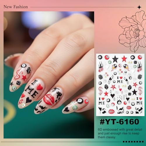 SKYCLOUD Self-Adhesive 3D Nail Stickers - Pool Balls & Dice Design, Lucky 7, Casino Theme, 3 Sheets - Nails Sticker-zh513