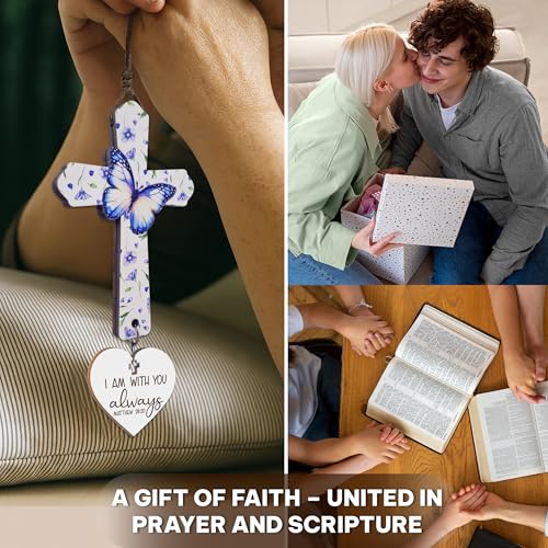 Christian Cross Car Mirror Charm with Blue Rose Butterfly