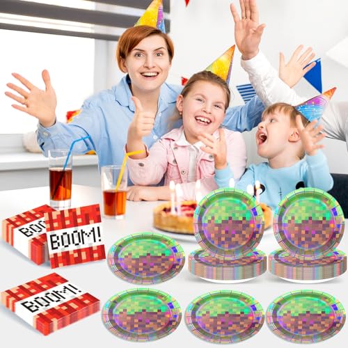 Pixel Party Plates and Napkins Set - 50 Pcs Disposable Tableware