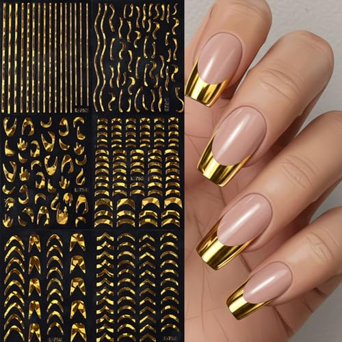 Gold French Tip Nail Art Stickers - Wavy Stripe Decals for Manicure, 6 Sheets