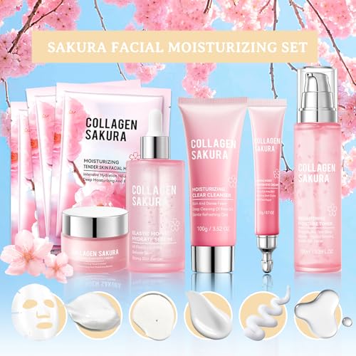 DuoZeng 8pcs Sakura Skincare Set, Moisturizing Face Cleanser, Serum, Toner & Masks for All Skin Types