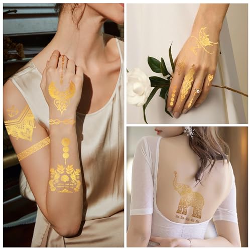 Gold Metallic Temporary Tattoos for Face & Body - 9 Sheets for Festivals & Parties
