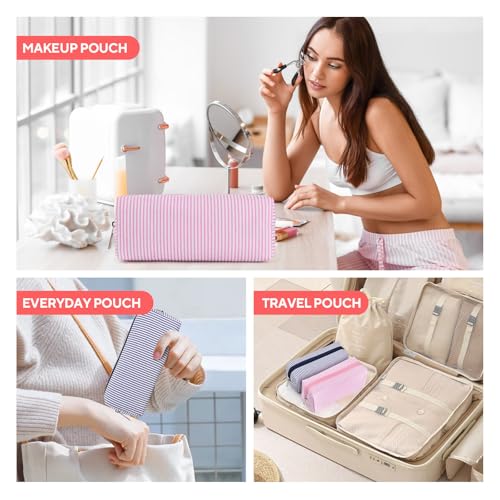 2-Piece Seersucker Makeup Bag Set - Aesthetic Cosmetic & Travel Organizer