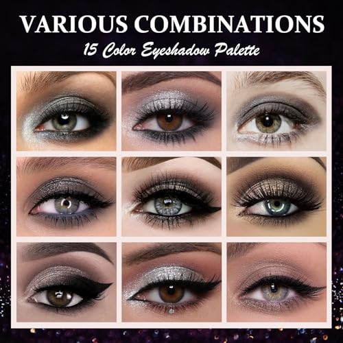 LZYLLS N Smoky Eyeshadow Palette with Matte & Glitter Shades, Waterproof, 15 Neutral Colors + 3 Brushes