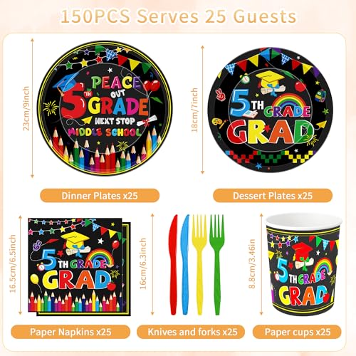 5th Grade Graduation Decorations Set for 25 Guests - 150 Pcs Tableware