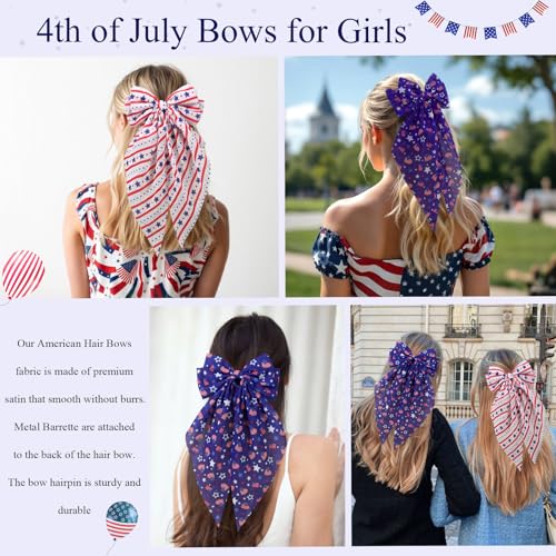 4th of July Hair Bows for Women & Girls - Red, White & Blue Satin Clips, Pack of 2, 11 Inch Length