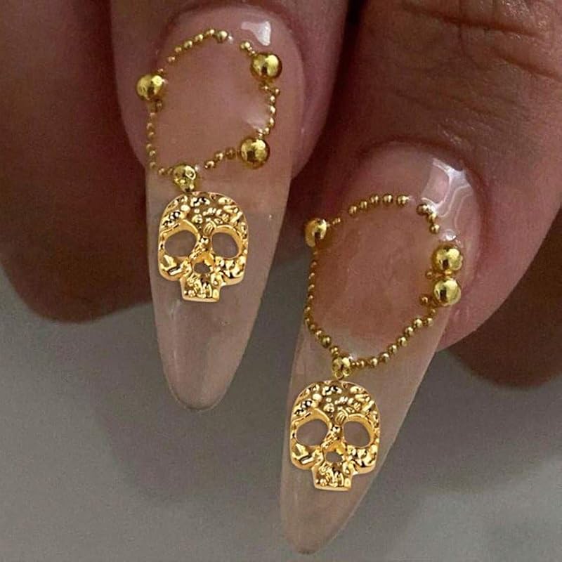 Gold Skull Halloween Nail Charms - 20pcs 3D Skeleton Head Gems for Acrylic Nails (JUNCHAO)