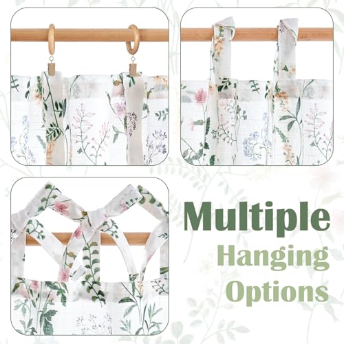 Floral Tie Top Kitchen Curtains - 36 Inch, Sage Green, 2 Panels