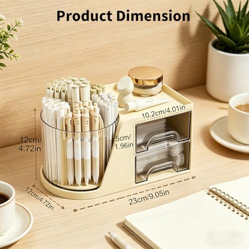 KDYNIX 360° Rotating Makeup Brush Holder, 6-Slot Organizer with 2 Drawers, Cream