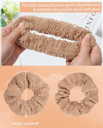 Khaki 5 Pack Furry Scrunchies Elastic Hair Ties for Women & Girls