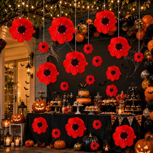 22 PCS Red Poppy Hanging Decorations for Classroom & Parties