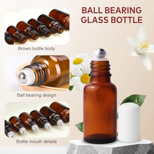 Erioctry 3 Pack 20ml Amber Glass Roller Bottles for Essential Oils & Perfumes