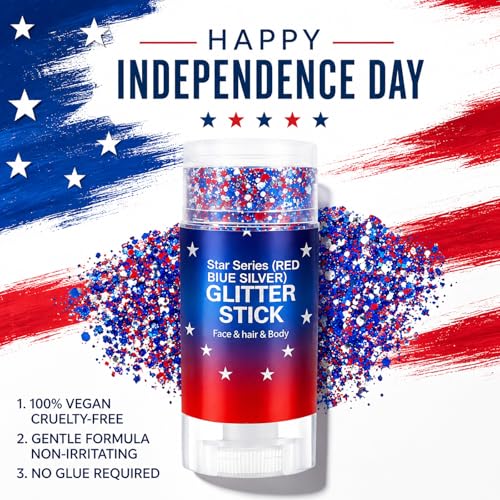 4th of July Body Glitter Stick, Red White and Blue Accessories, Patriotic Hair Face Glitter Makeup for Women Kids, Fourth of July Outfits and Decorations for 250th Independence Day, Memorial Day