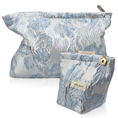 Blue Sculptured Flower Makeup Bag Set - Large & Small Canvas Pouches