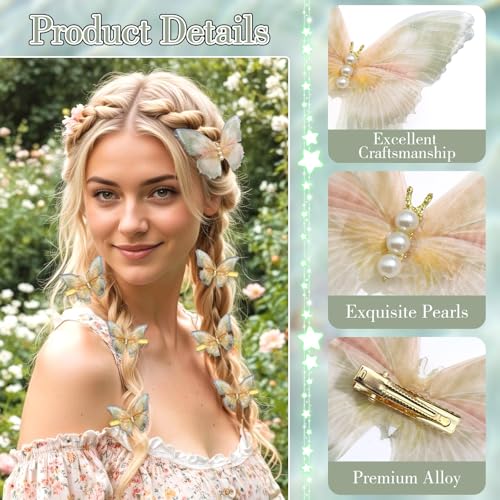 SAWINDA Gold Butterfly Hair Clips Set – 8pcs Tulle Rhinestone Hair Barrettes for Girls & Women, Moving Wings, Fairy Accessories