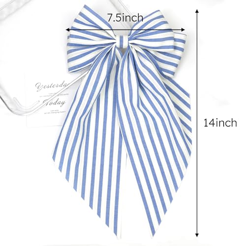 Large Striped Blue Hair Bow for Women & Girls - Oversized Long Tails Hair Clips Gift