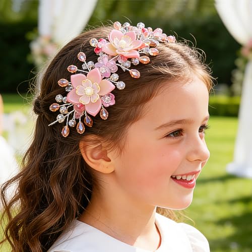 Urieo Pink Flower Crown Headband for Girls - Wedding Hair Accessory