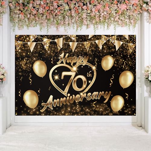 Happy 70th Anniversary Party Backdrop Banner - Black Gold Glitter