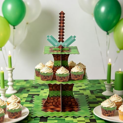 3-Tier Pixel Art Cupcake Stand with 24 Liners for Gaming Parties