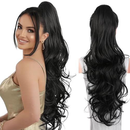26 Inch Wavy Claw Clip Ponytail Extension - Black Synthetic Hair Piece
