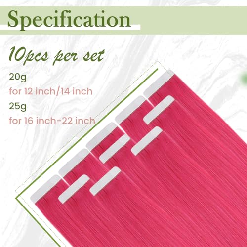 RUNATURE Hot Pink Tape-In Hair Extensions, 12-Inch Remy Human Hair, 10pcs