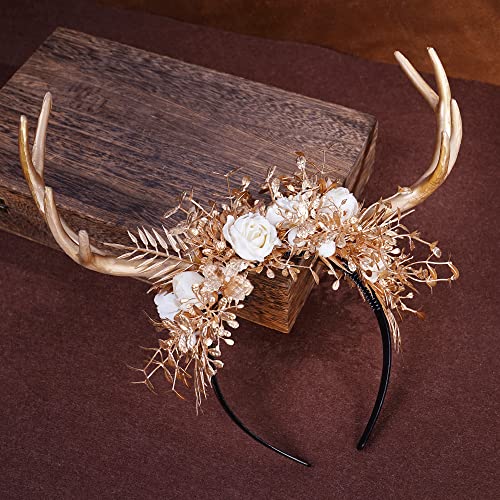 Handmade Woodland Antler Headband with Silk Flowers and Deer Horns