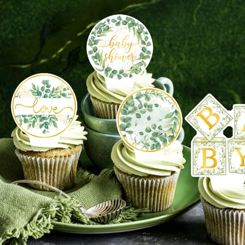 Sage Green Baby Shower Cupcake Toppers - 48PCS Eucalyptus Decor