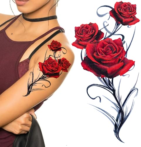 2 Large Red Gothic Rose Temporary Tattoos for Women & Teens