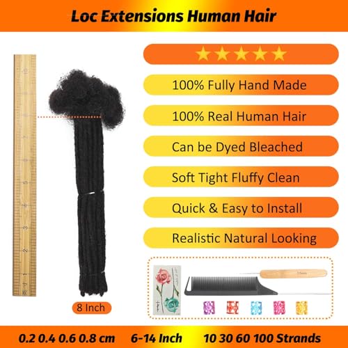 LIKIMIYA 8 Inch Human Hair Loc Extensions - 10 Strands 0.4cm Permanent Dreads