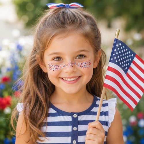 Patriotic Red White and Blue Hair Glitter Stick, 4th of July Accessories, AmericaFlag Face Body Glitter for Fourth of July Outfits Women, Waterproof Glitter Makeup for Independence Day Anniversary
