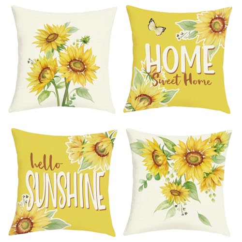 Sunflower Yellow Floral Throw Pillow Covers - Set of 4, 18x18